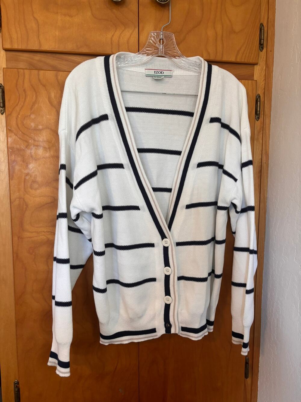 Vintage IZOD Navy White Striped Cotton Cardigan M Preppy Nautical Coastal
